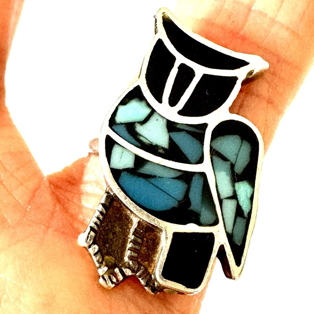 Old Zuni Blue Turquoise Chip Inlay Owl Ring Size 4.5‎ Sterling Native Amer VTG